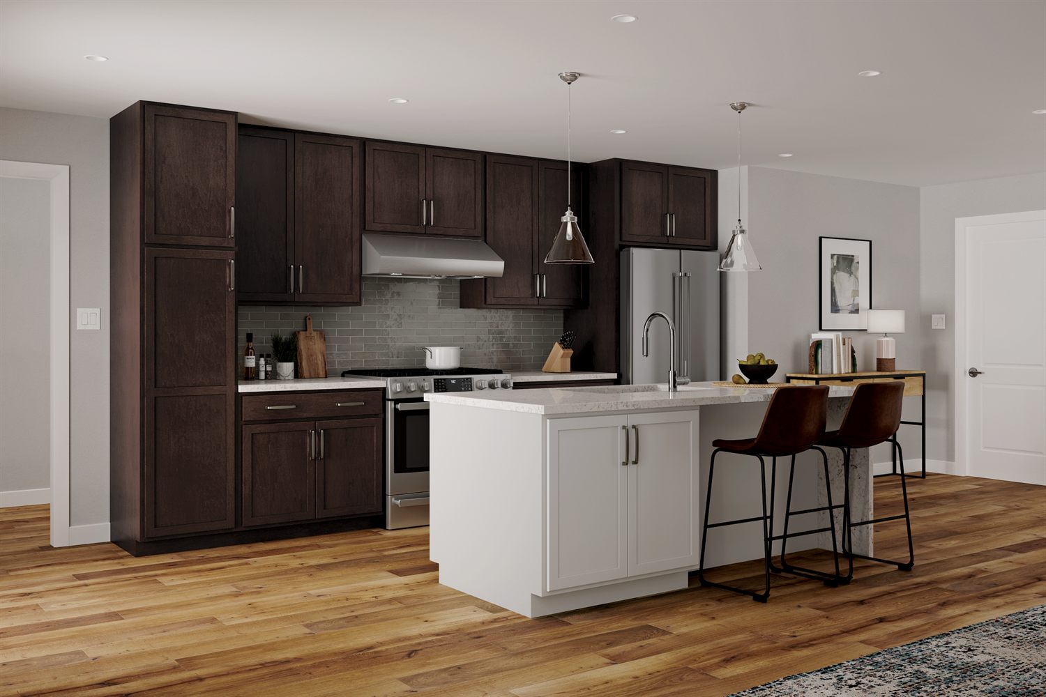 Merillat Basics Collins door style, espresso and white kitchen