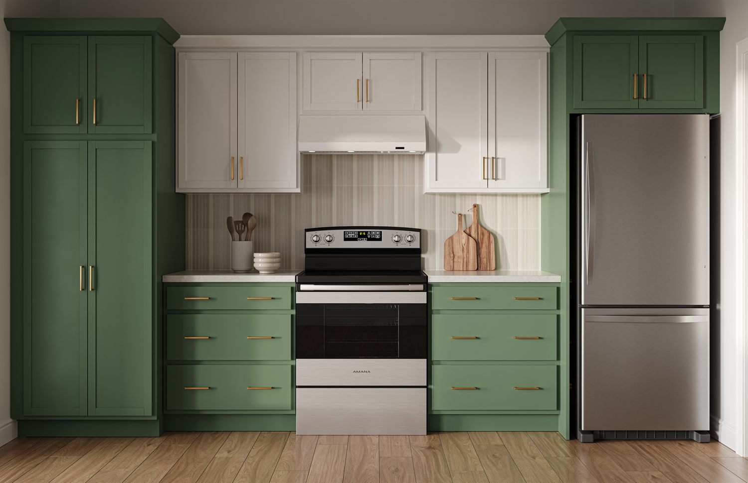 Merillat Basics McDurmon door style, sage green and white kitchen